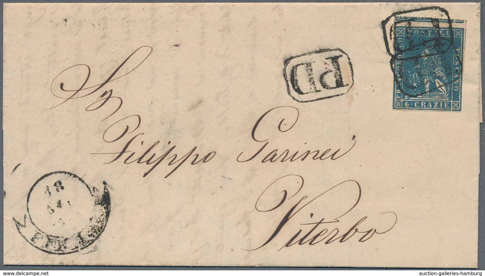 Italien - Altitalienische Staaten: Toscana: 1857, 6 Cr Blue, Even To Large Margins, Tied By Two Stri - Toscana