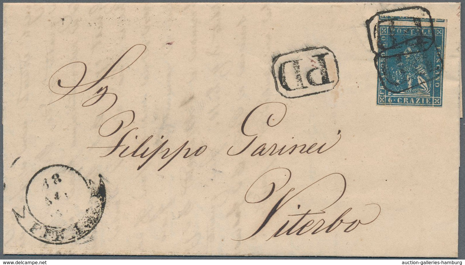 Italien - Altitalienische Staaten: Toscana: 1857, 6 Cr Blue, Even To Large Margins, Tied By Two Stri - Toscane