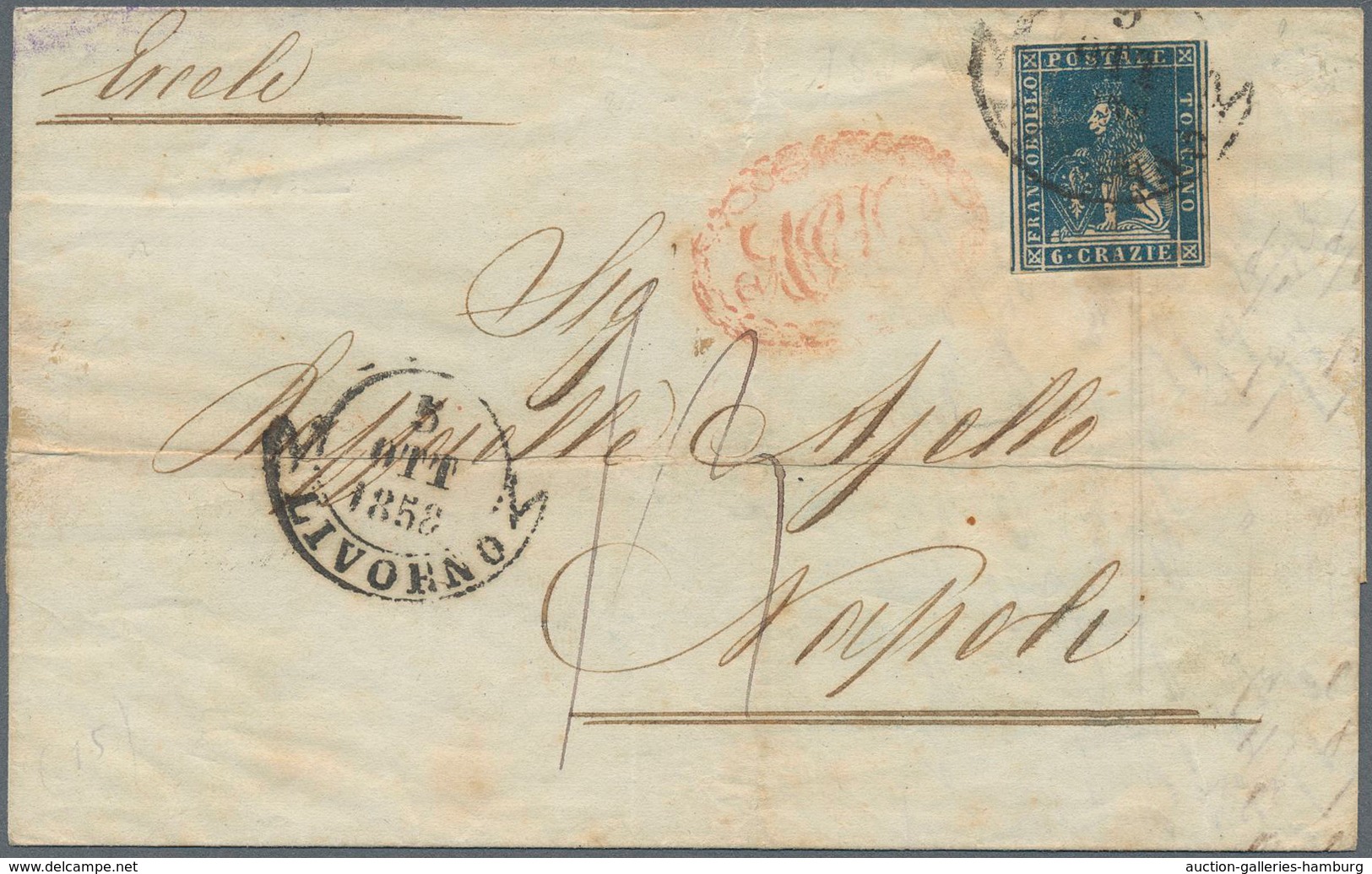 Italien - Altitalienische Staaten: Toscana: 1857, 6 Cr Blue, Close To Full Margins, Single Franking - Toscana