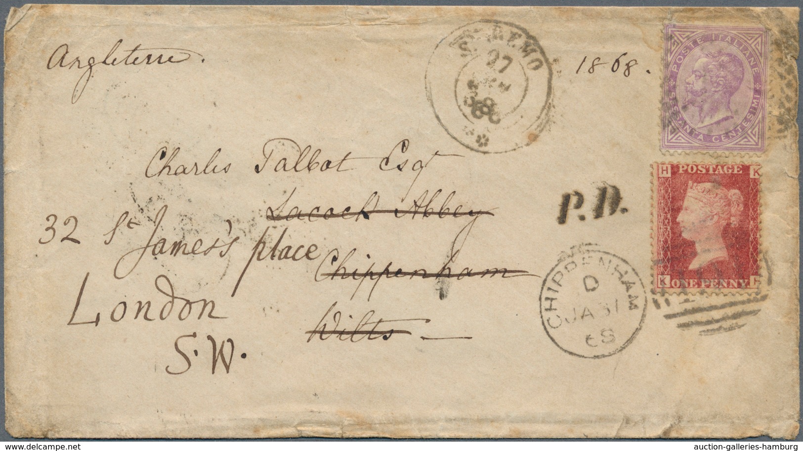 Italien: 1868, MIXED FRANKING ITALIA-GREAT BRITAIN: An Envelope Bearing Italian Victor Emanuel 60 C - Sin Clasificación