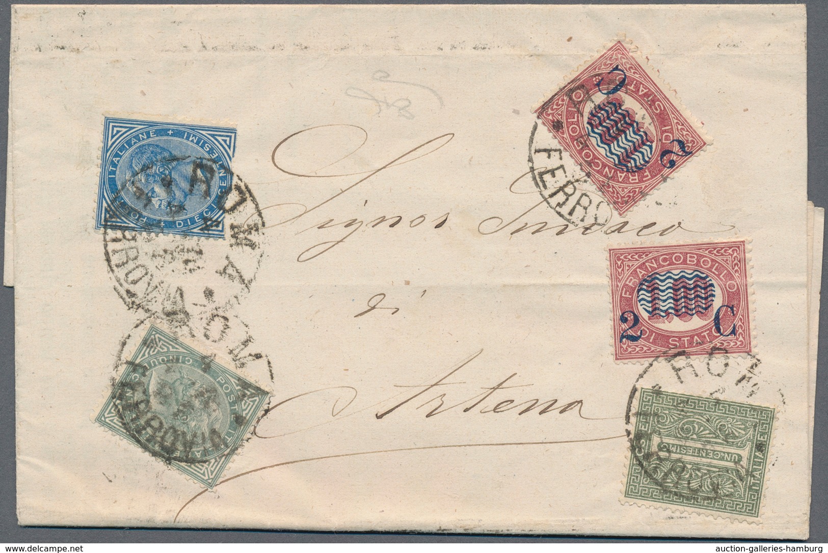 Italien: 1878: VERY RARE MIXED FRANKING Between 1863 De La Rue Issue 1c, 5c (both Very Fine), 10c Bl - Ohne Zuordnung