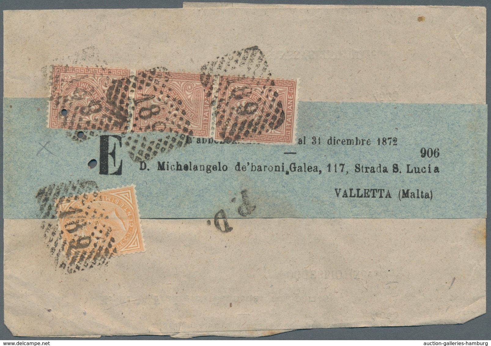 Italien: 1872, 10 C Brown-orange And 2 C Red-brown Strip Of Three Cancelled With "189" And "PD" In B - Unclassified