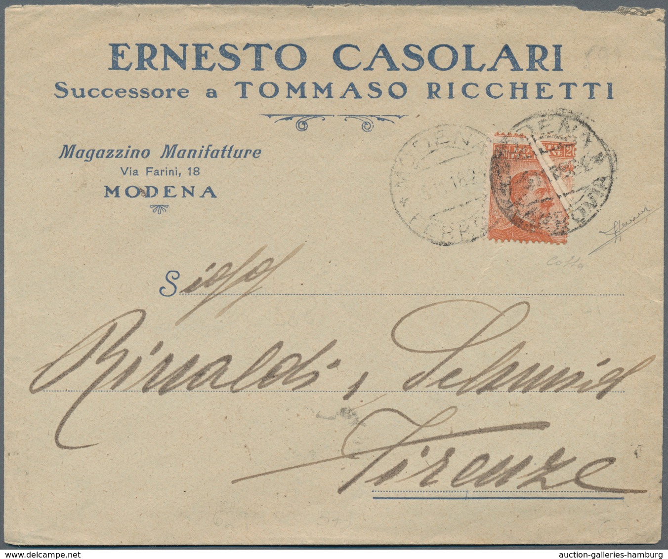 Italien: 1918. 20 C Orange Michetti With Extraordinary Natural Fold On Letter From Modena To Florenc - Sin Clasificación
