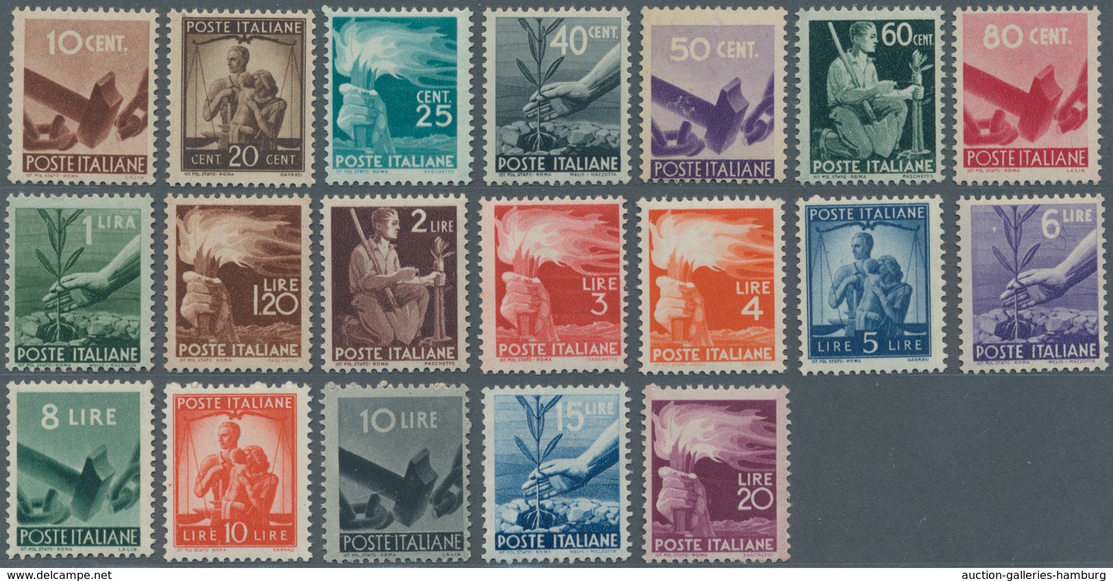 Italien: 1945, 10 C - 100 L Complete Set, Mint Never Hinged - Sin Clasificación