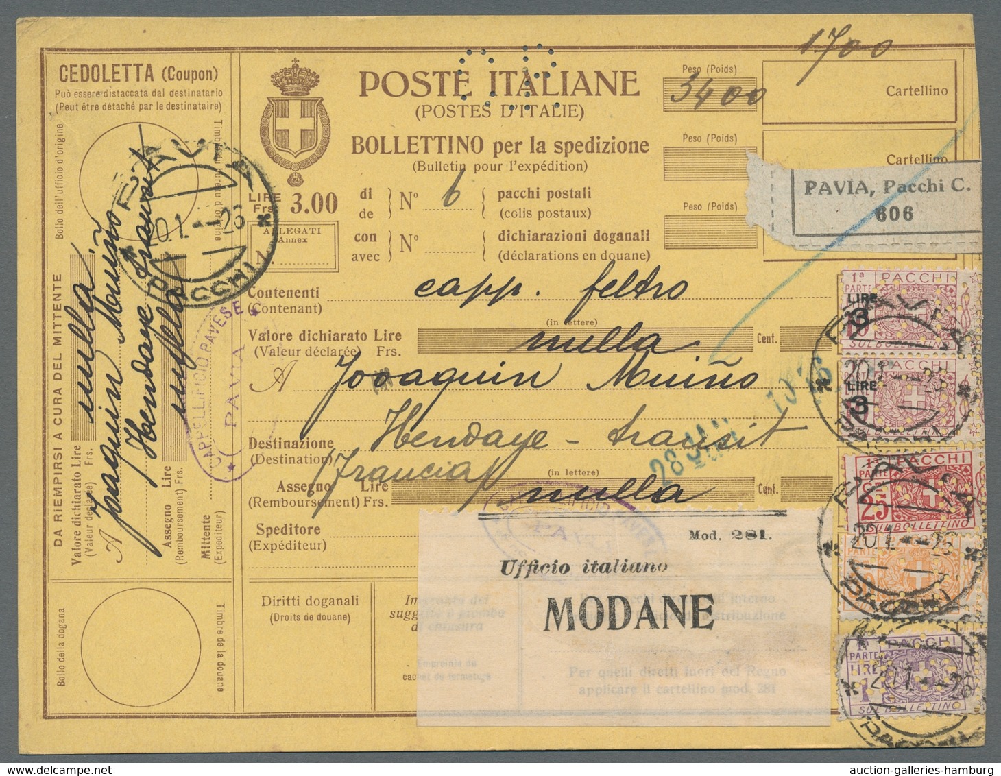 Italien - Paketmarken: 1926, Parcel Card Stationery 3 L. From Pavia, With Additional Franking Of Fiv - Colis-postaux