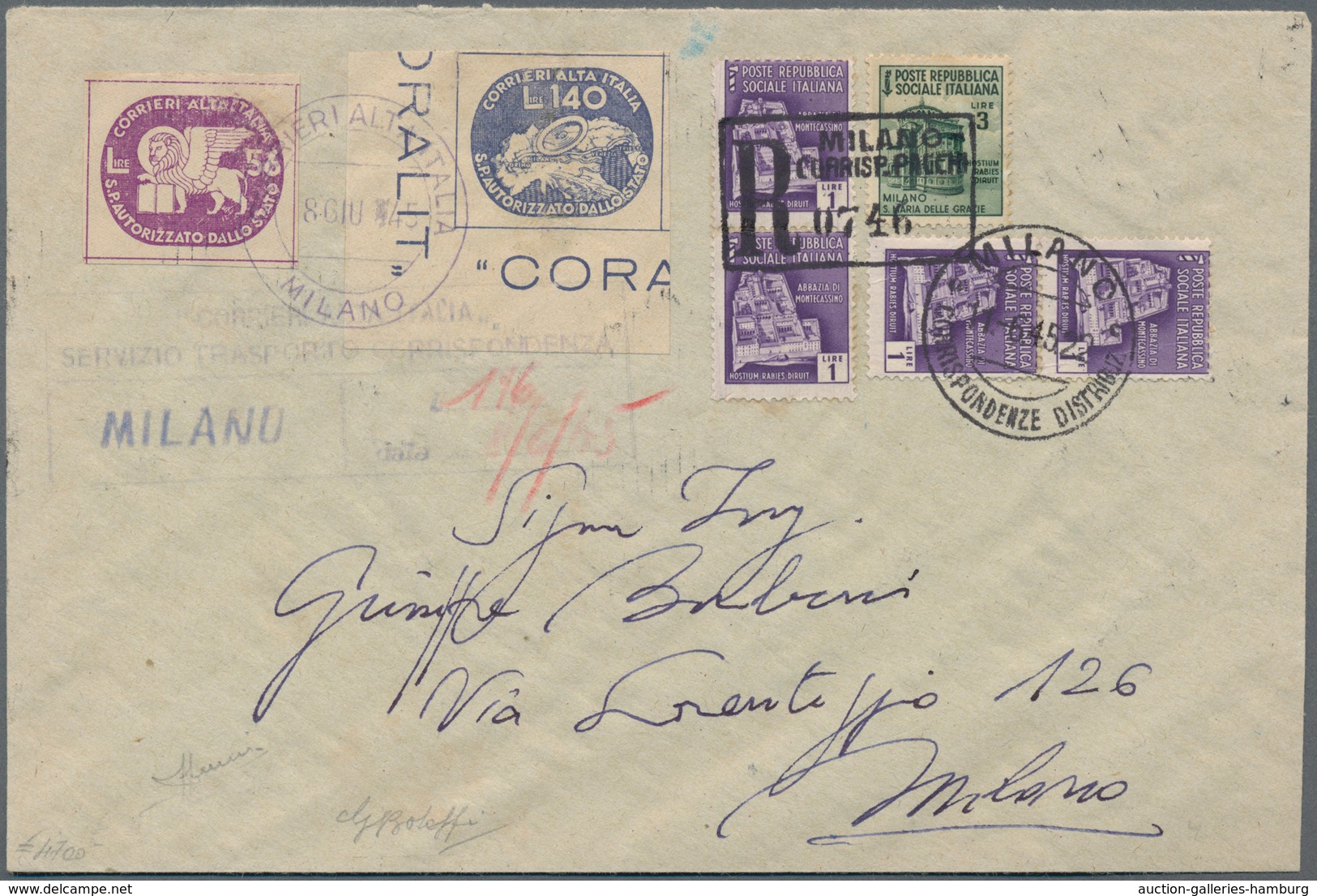 Italien - Lokalausgaben 1944/45 - Coralit (Privatpost): 1945. Registered Letter, Franked With CORALI - Service Privé Autorisé