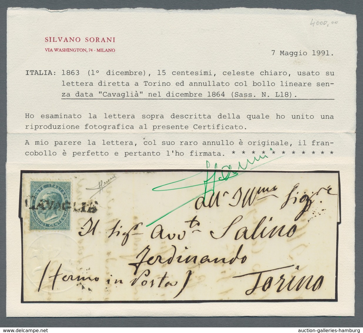 Italien - Stempel: CAVAGLIÀ, 1864, One-liner Without Date On Single Franking Of The 15 Centisimi On - Marcophilia