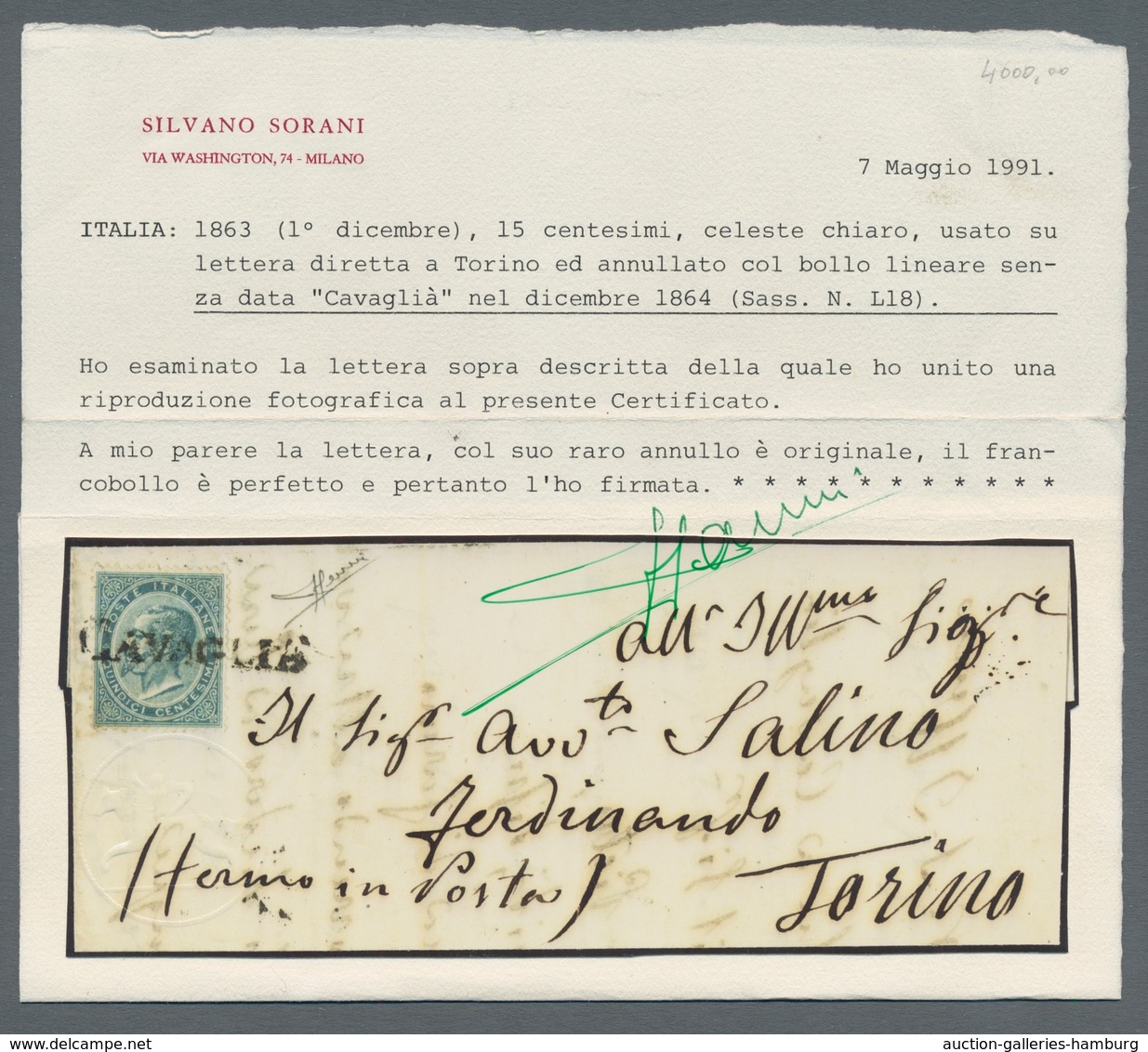 Italien - Stempel: CAVAGLIÀ, 1864, One-liner Without Date On Single Franking Of The 15 Centisimi On - Poststempel