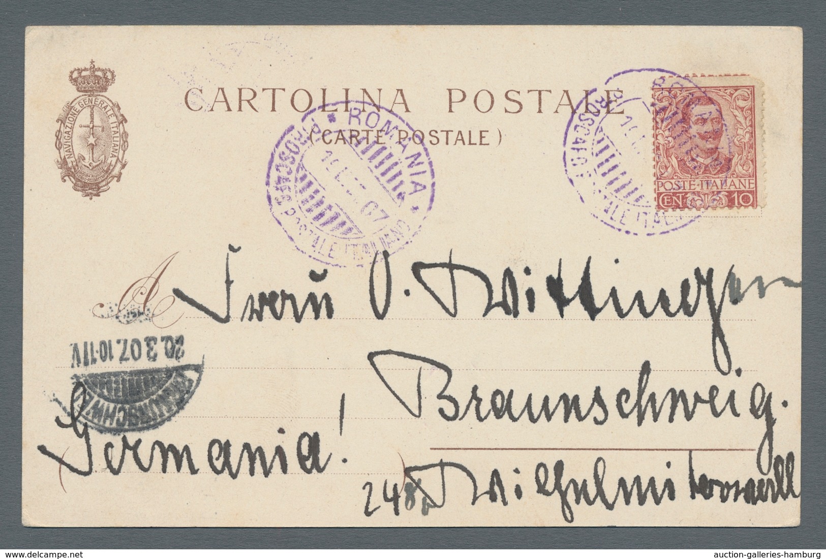 Italien - Stempel: ROMANIA - PIROSCAFO POSTALE ITALIANO, 1907, Two Violet Strikes Of The Rare Italia - Marcofilía