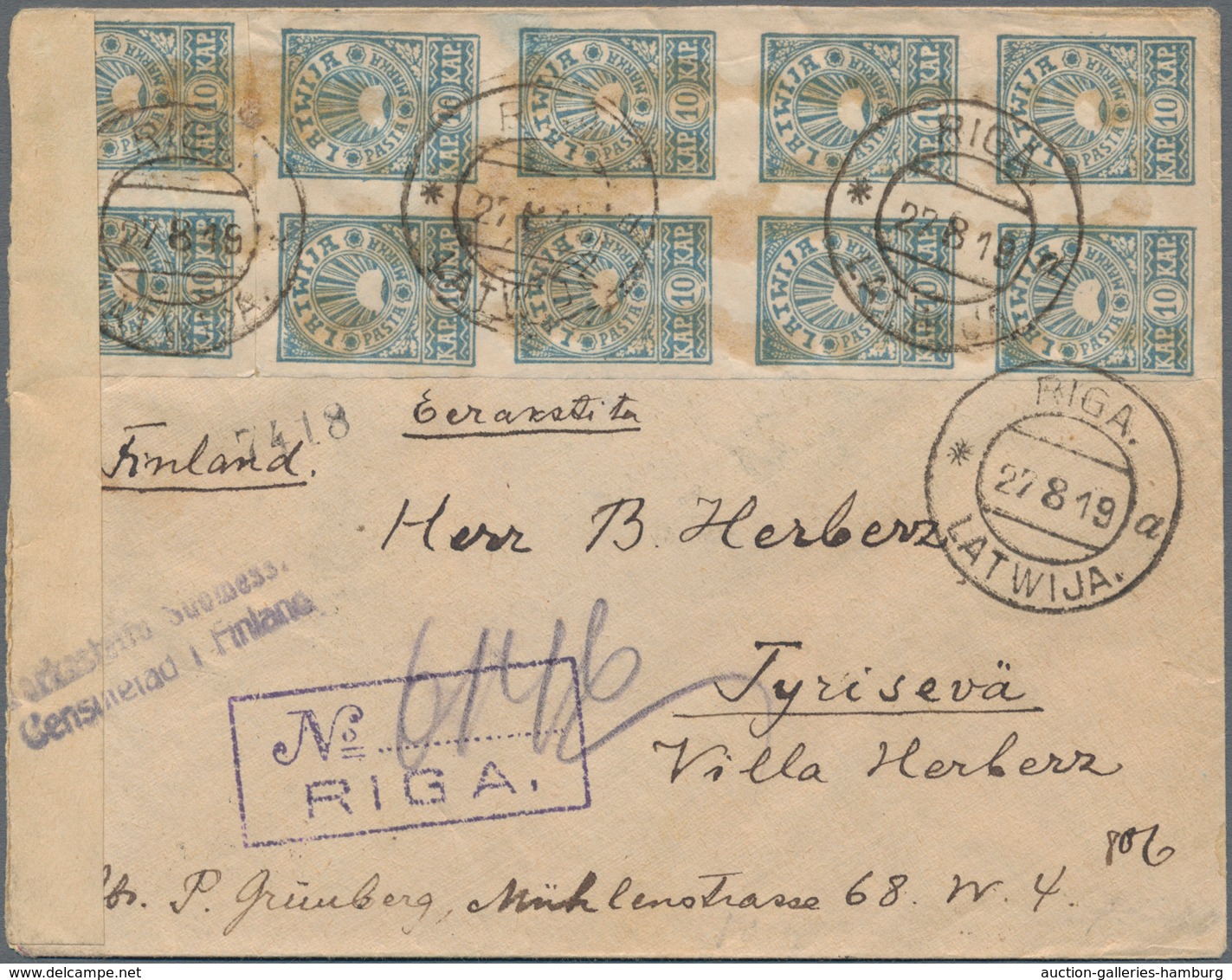 Lettland: 1919, Registered Letter From "RIGA 27.8.19" Franked With 10 K. In Imperforated Block Of Te - Lettland