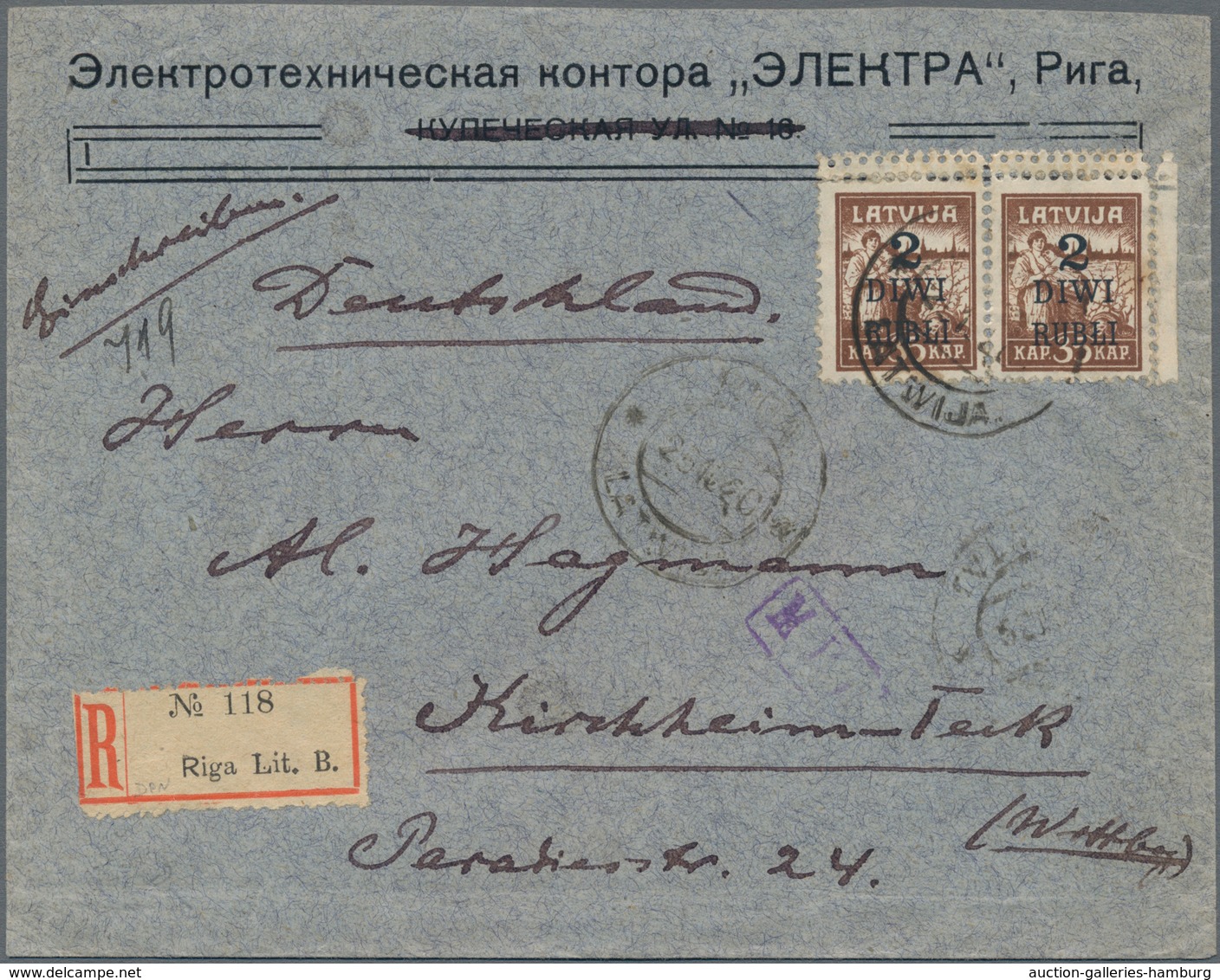 Lettland: 1920, Registered Letter From "RIGA 25.10.20" Franked With Horizontal Pair 2 R On 35 K Brow - Lettonia