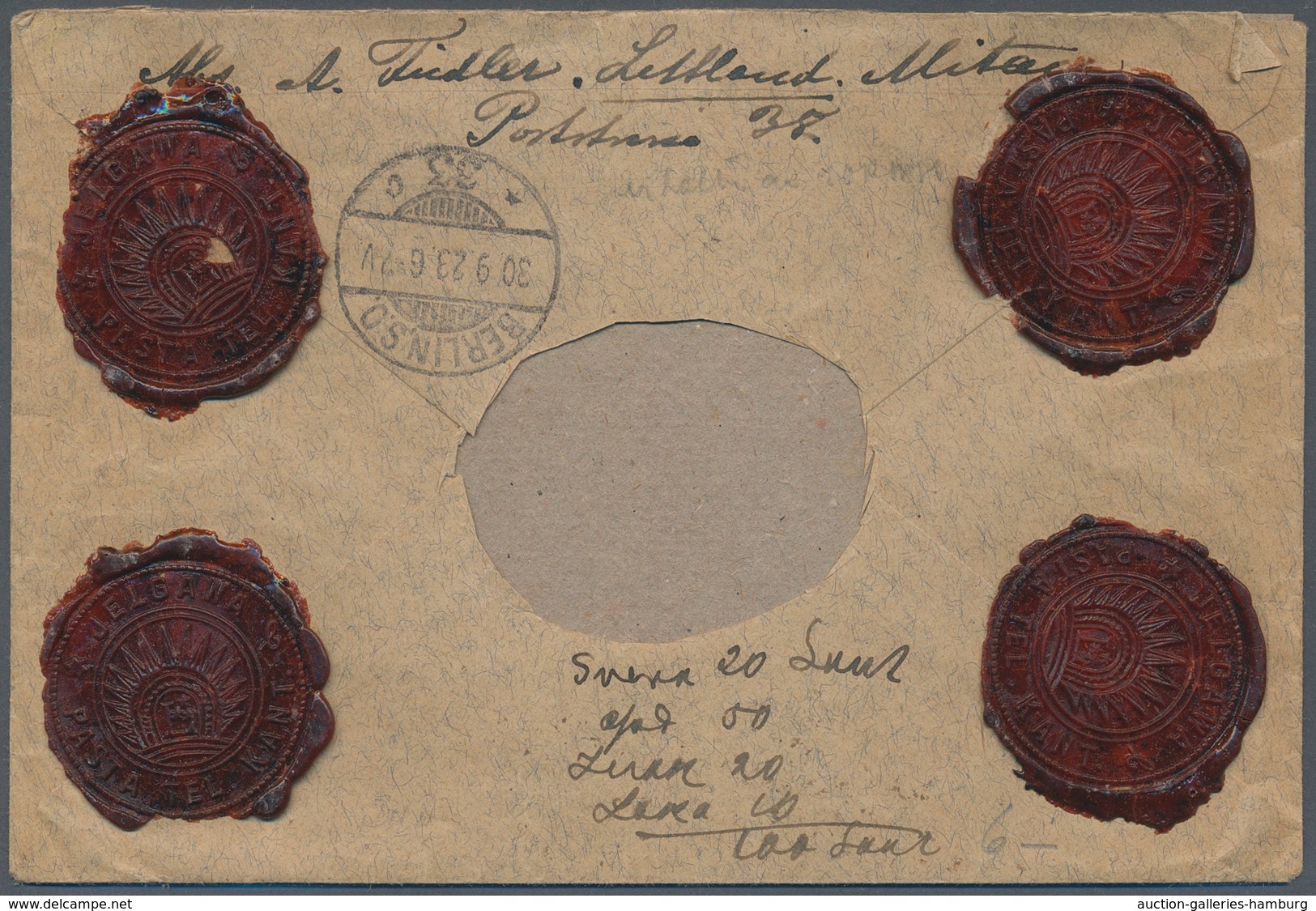 Lettland: 1922, 50 Rouble Tied By "JELGAWA LATVIJA 25.9.23" Cds As Single Franking On VALUE DECLARED - Letonia