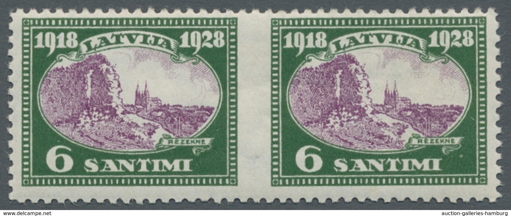 Lettland: 1928, "6 S. Gray Green / Lilac", Mint Never Hinged Horizontal Pair Middle Imperforated, Fa - Lettland