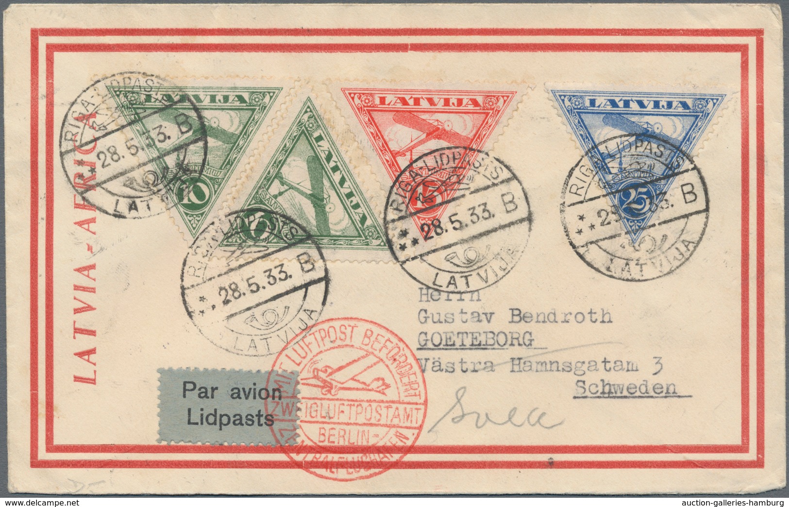 Lettland: 1933, Special Cover "LATVIA-AFRICA" Follower Cover From "RIGA-LIDPASTS 28.5.33" Via Berlin - Lettonie