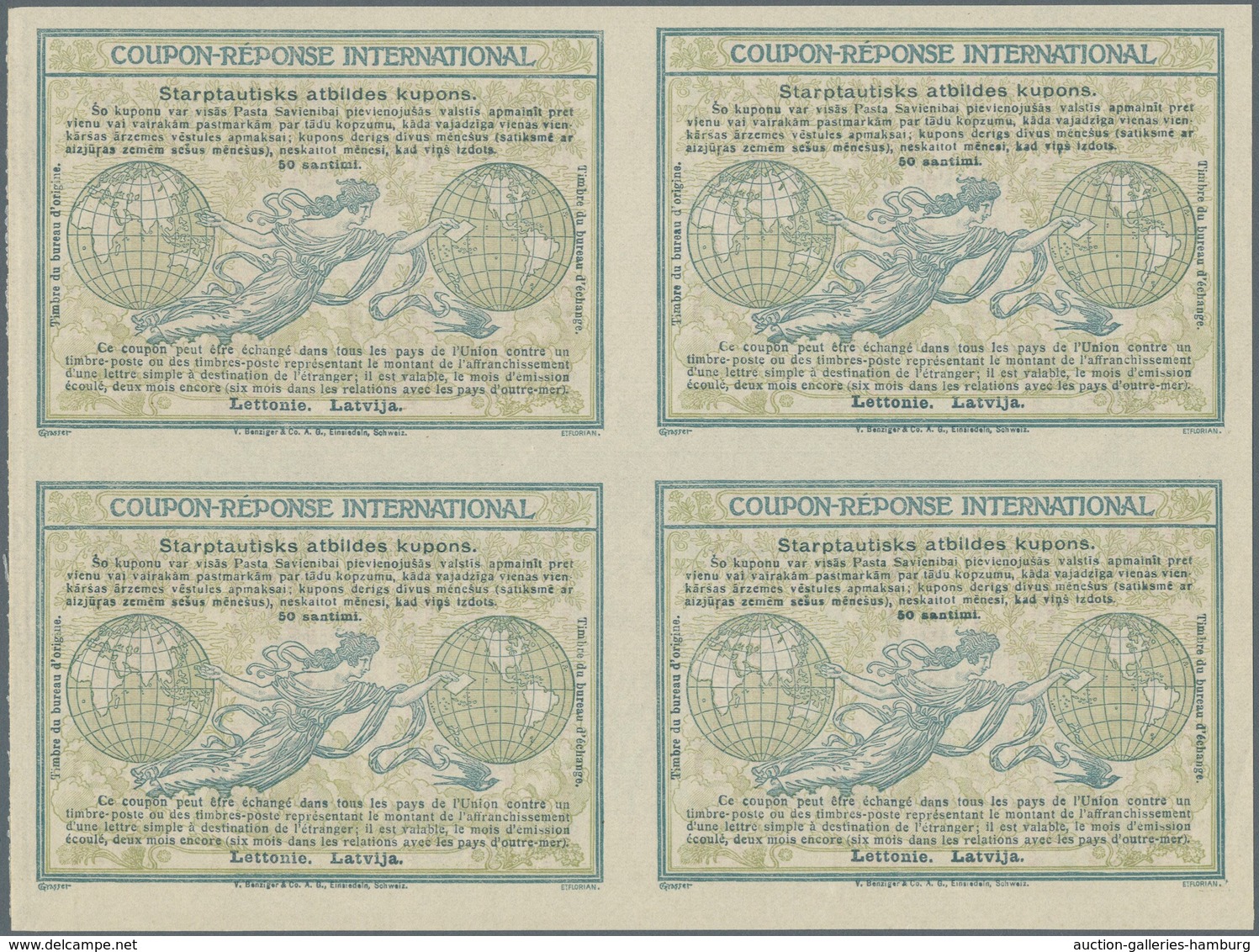 Lettland - Ganzsachen: Design "Madrid" 1920 International Reply Coupon As Block Of Four 50 Santimi L - Letonia