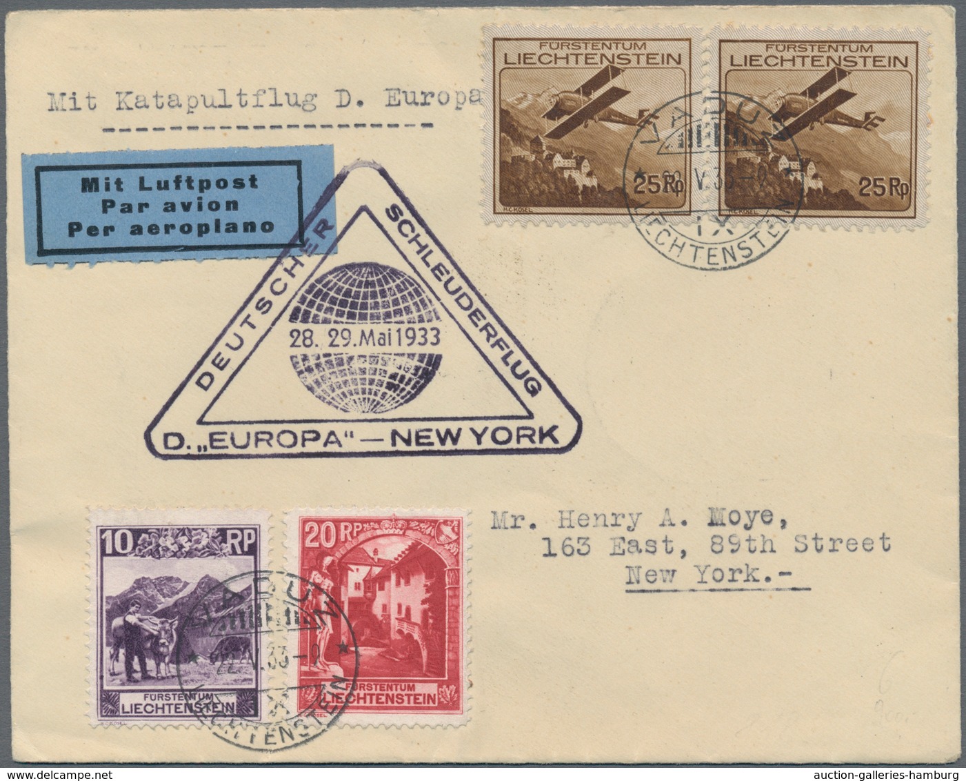Liechtenstein: 1933, "DEUTSCHER SCHLEUDERFLUG D. EUROPA - NEW YORK 28.29. Mai 1933" Dekorativer Best - Other & Unclassified