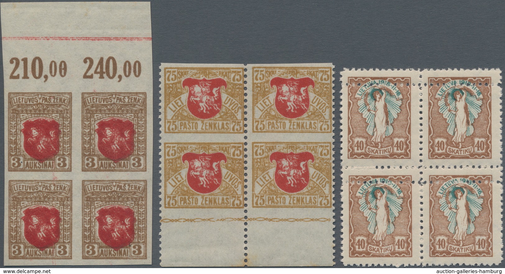 Litauen: 1919/1920, 3 A Coat Of Arms Imperforated Block Of Four From Upper Margin, 75 Sk Arms Block - Lituania