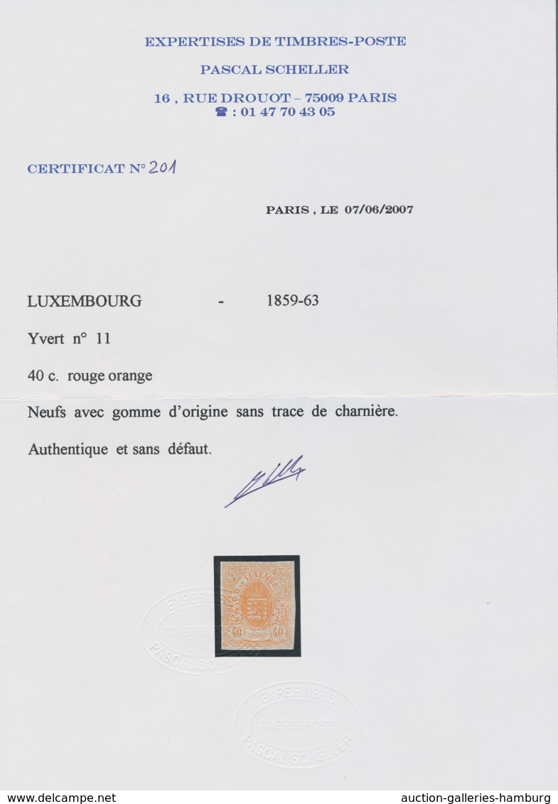 Luxemburg: 1859, 40 Cent. Coat Of Ams, Redorange, Mnh, Certificate Pascal Scheller "Neuf Avec Gomme - Autres & Non Classés