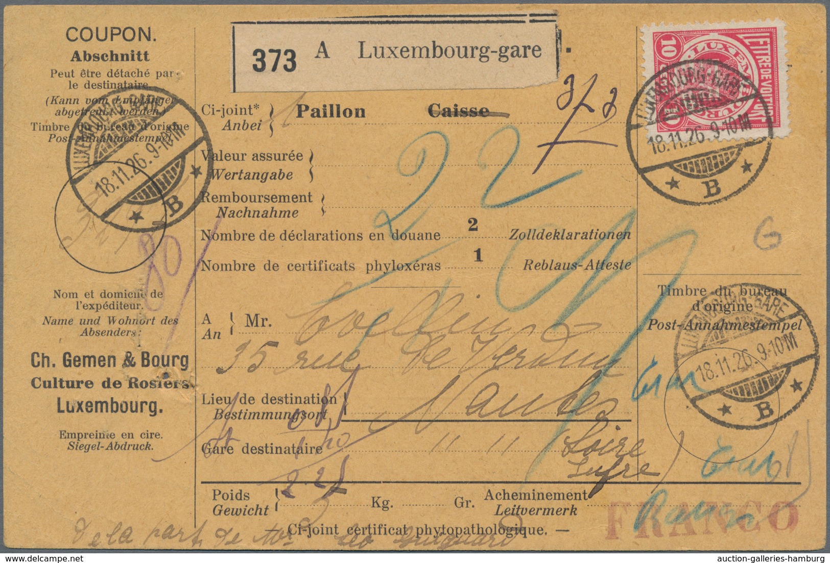 Luxemburg - Besonderheiten: 1926, 10c. Red "LETTRE DE VOITURE" On Complete Despatch Form For A Railw - Andere & Zonder Classificatie