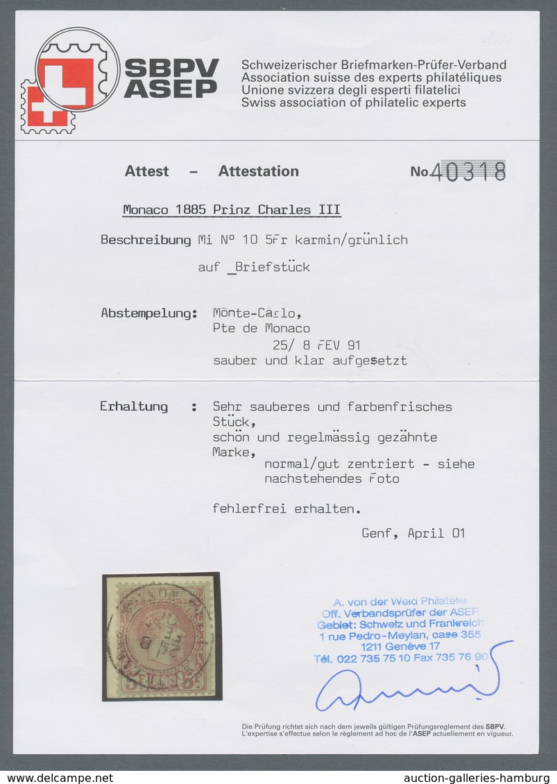 Monaco: 1885, 5 Kr Karmin/grünlich Auf Schönem Briefstück, Sauber Und Klar Entwertet "Pte De Monaco - Sonstige & Ohne Zuordnung