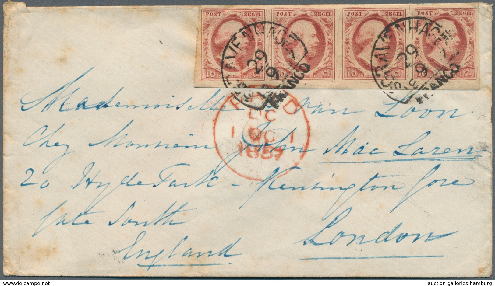 Niederlande: 1852, 10 C Rose-carmine, Horizontal Strip Of 4, Good To Wide Margins, Neatly Cancelled - Autres & Non Classés