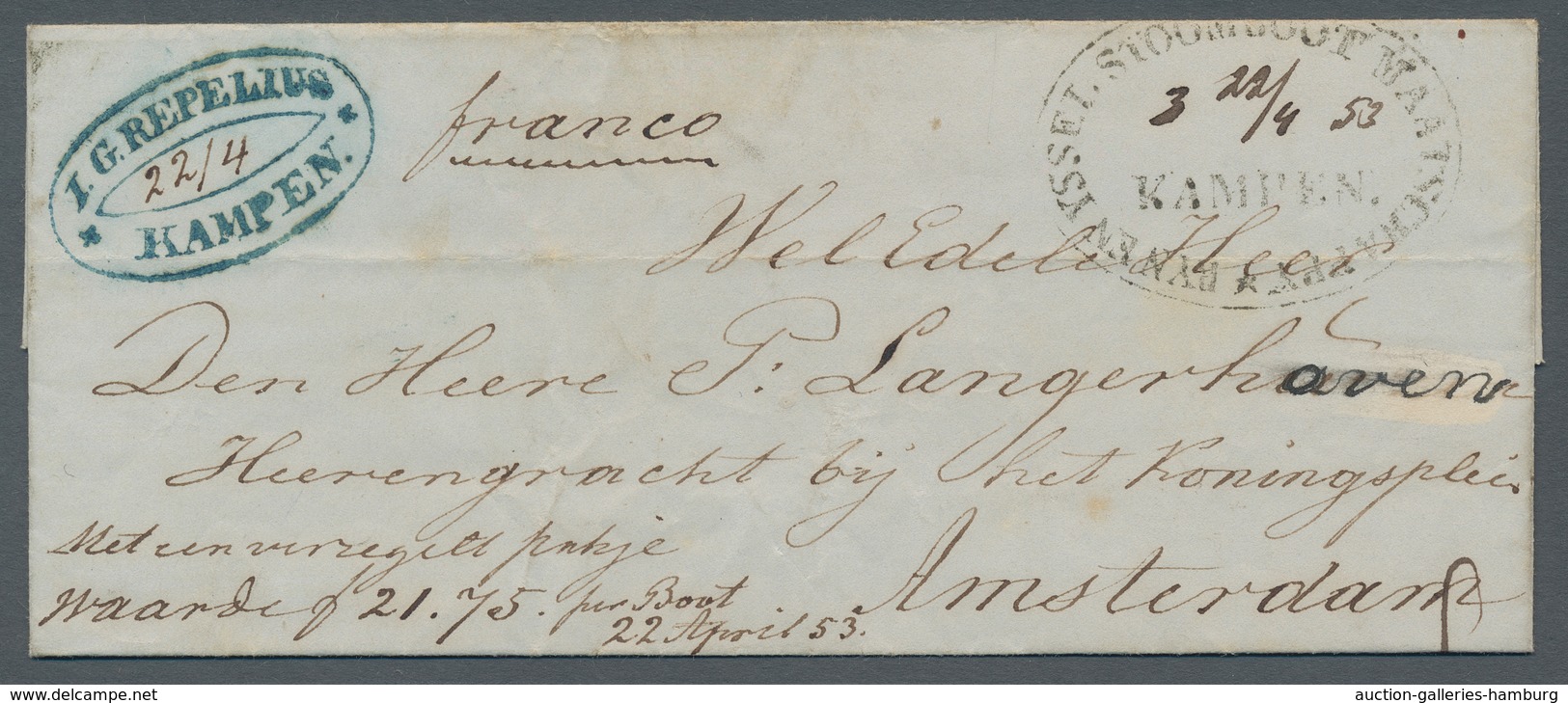 Niederlande: 1853, Stampless Folded Letter Transported By Boat Service RYNNEN STROOMBOOT MATSCHAPEK - Autres & Non Classés