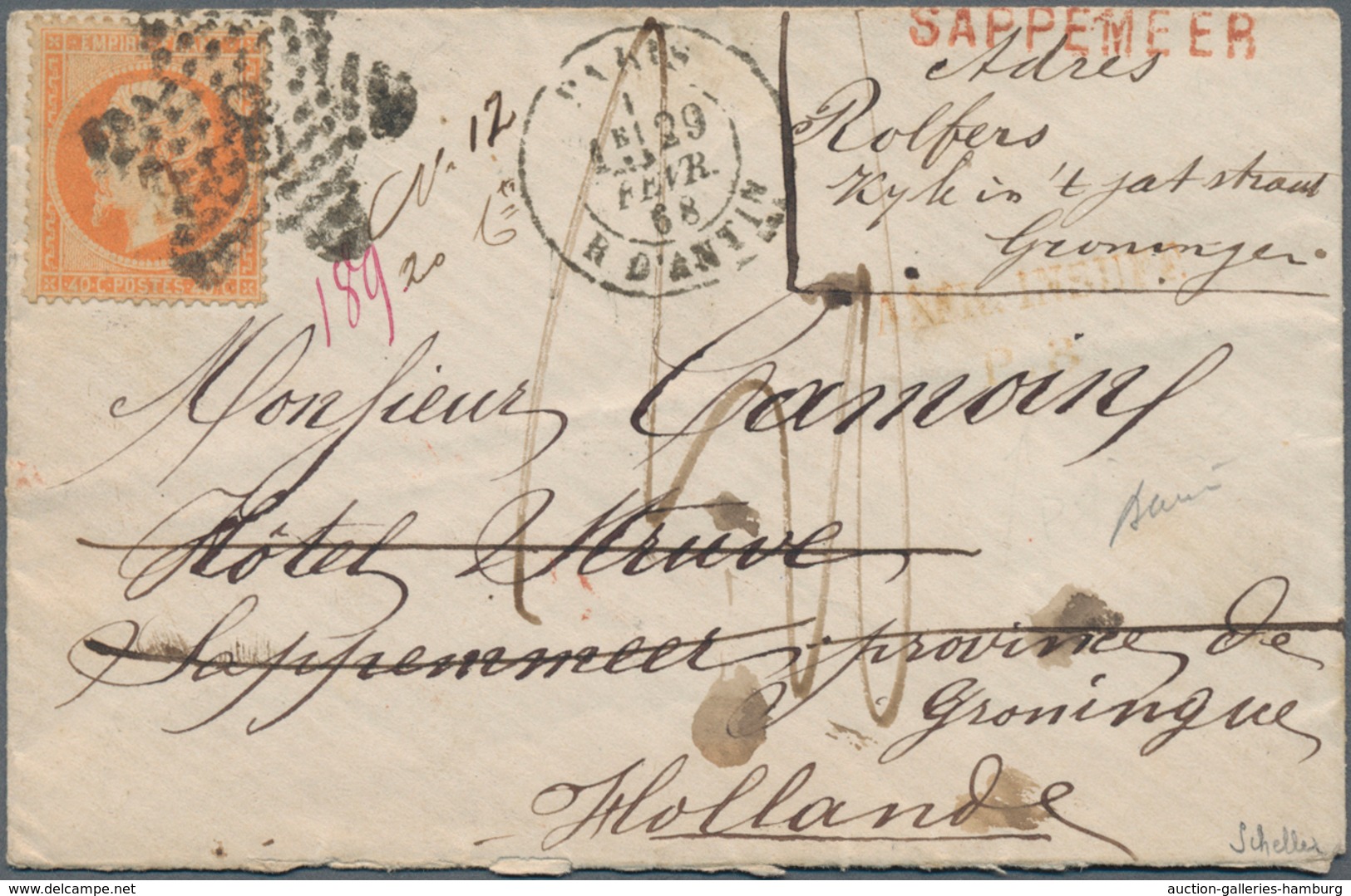 Niederlande: 1868, Incoming Mail From France Franked 40c Napoléon III Tied By Star „8“ And Cds PARIS - Other & Unclassified