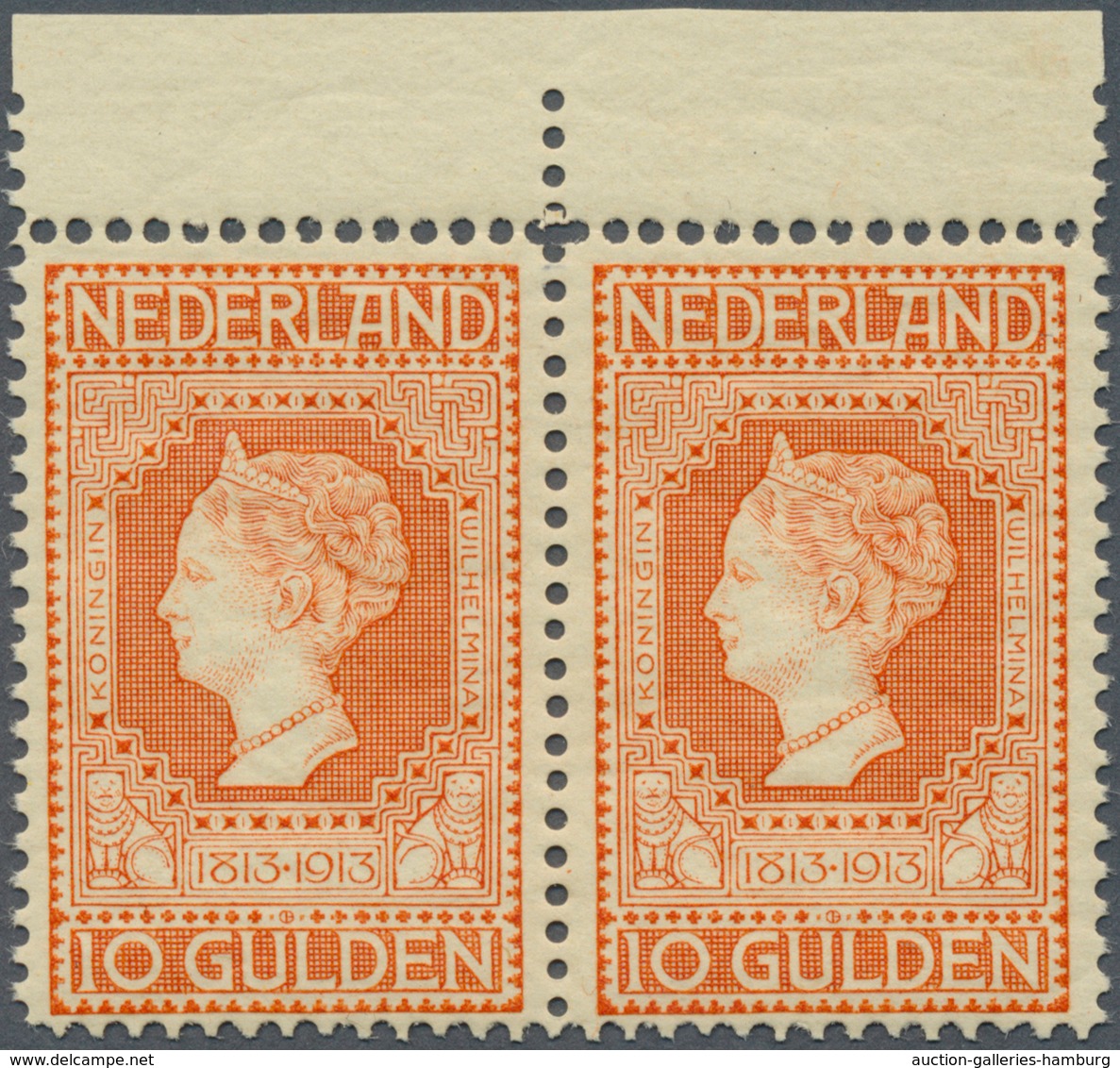 Niederlande: 1913: 100 Jahre Unabhängigkeit 10 Gulden Rotorange, Waagerechtes Oberrandpaar In Postfr - Other & Unclassified