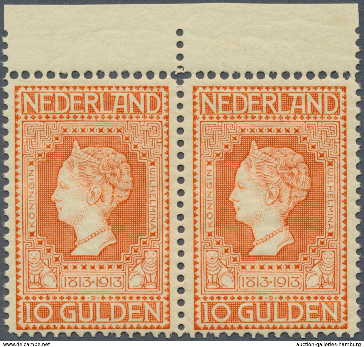 Niederlande: 1913: 100 Jahre Unabhängigkeit 10 Gulden Rotorange, Waagerechtes Oberrandpaar In Postfr - Sonstige & Ohne Zuordnung