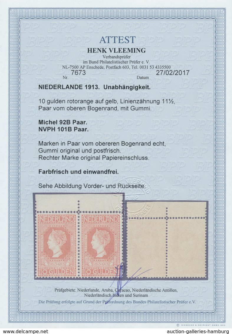 Niederlande: 1913: 100 Jahre Unabhängigkeit 10 Gulden Rotorange, Waagerechtes Oberrandpaar In Postfr - Sonstige & Ohne Zuordnung