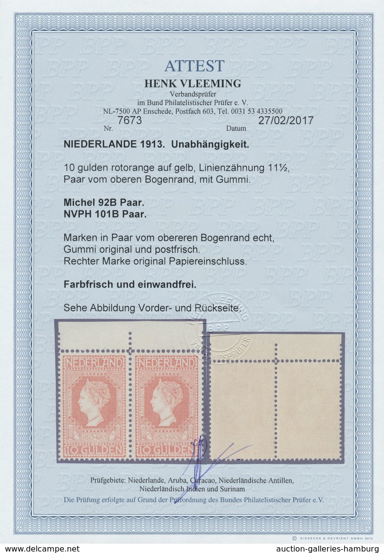 Niederlande: 1913: 100 Jahre Unabhängigkeit 10 Gulden Rotorange, Waagerechtes Oberrandpaar In Postfr - Andere & Zonder Classificatie