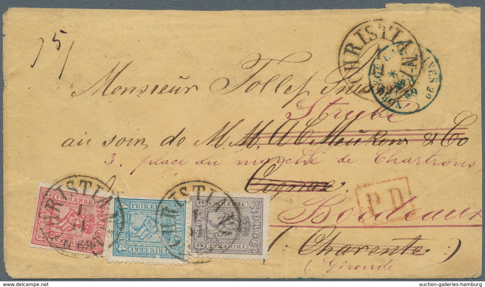 Norwegen: 1867, 3 Sk. Violett, 4 Sk. Blau Und 8 Sk. Karminrosa Zusammen Auf Kabinett-Couvert Von "CH - Usati