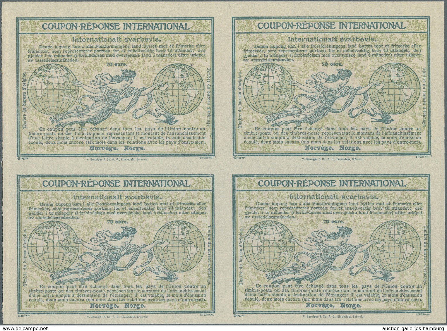 Norwegen - Ganzsachen: Design "Madrid" 1920 International Reply Coupon As Block Of Four 70 Oere Norg - Enteros Postales