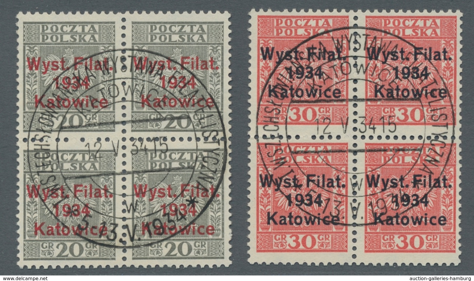 Polen: 1934, Kattowitz 2 Werte Jeweils Im Viererblock Zentrisch Mit Entsprechendem Sonderstempel "Ka - Andere & Zonder Classificatie