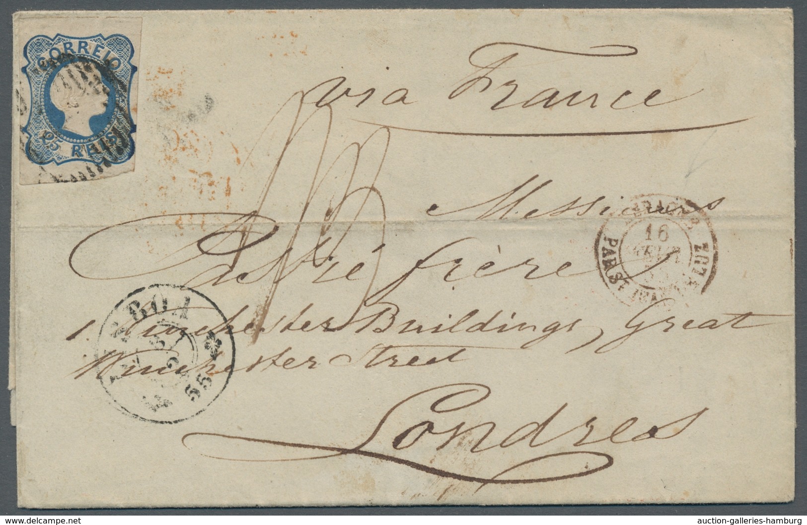 Portugal: 1855, King Pedro V, 25 Reis Blue, In Fresh Color With Full Margins, On Folded Cover From L - Andere & Zonder Classificatie