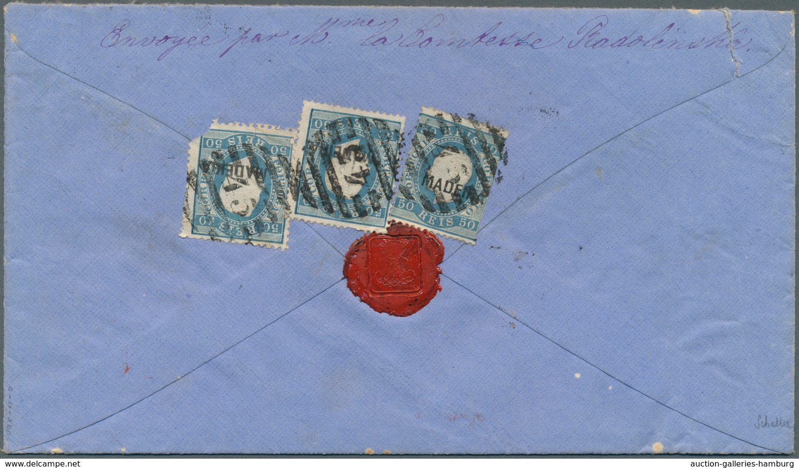 Portugal - Madeira: 1879 (25.12.), King Luis 50r. Blue Optd. MADEIRA Three Singles On Reverse Of Cov - Madère