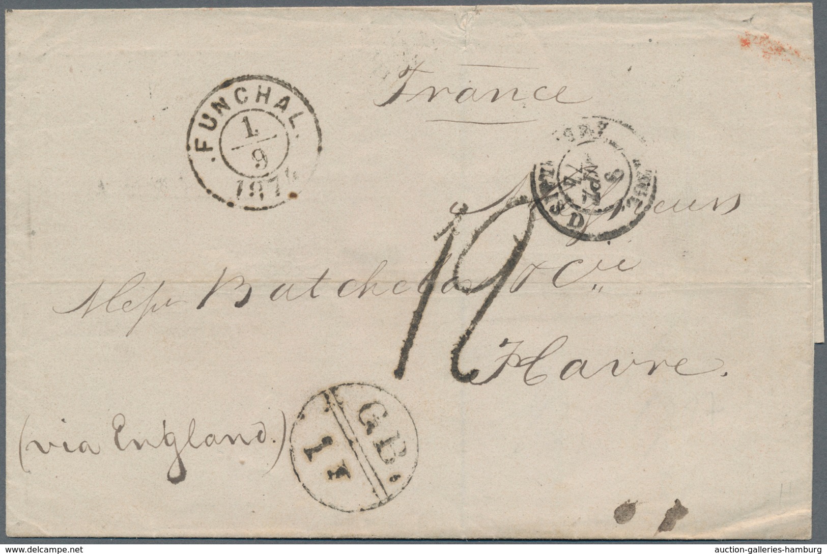 Portugal - Madeira - Funchal: 1874, Folded Letter From FUNCHAL Via England To Le Havre. Showing Brit - Funchal