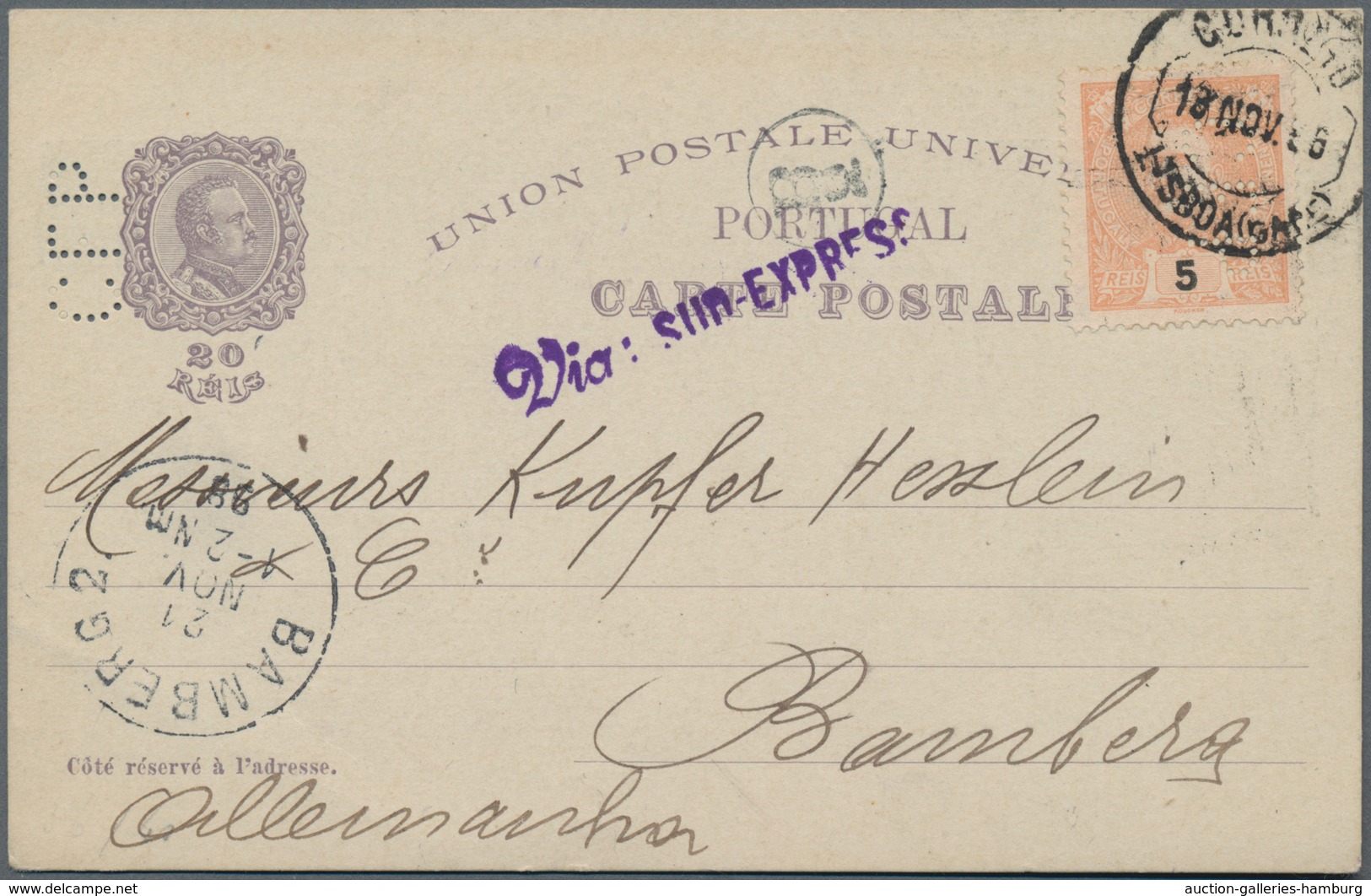 Portugal - Ganzsachen: 1898, 20 R Violet "Vasco Da Gama" Postal Stationery Card With Perfin "C F P" - Enteros Postales