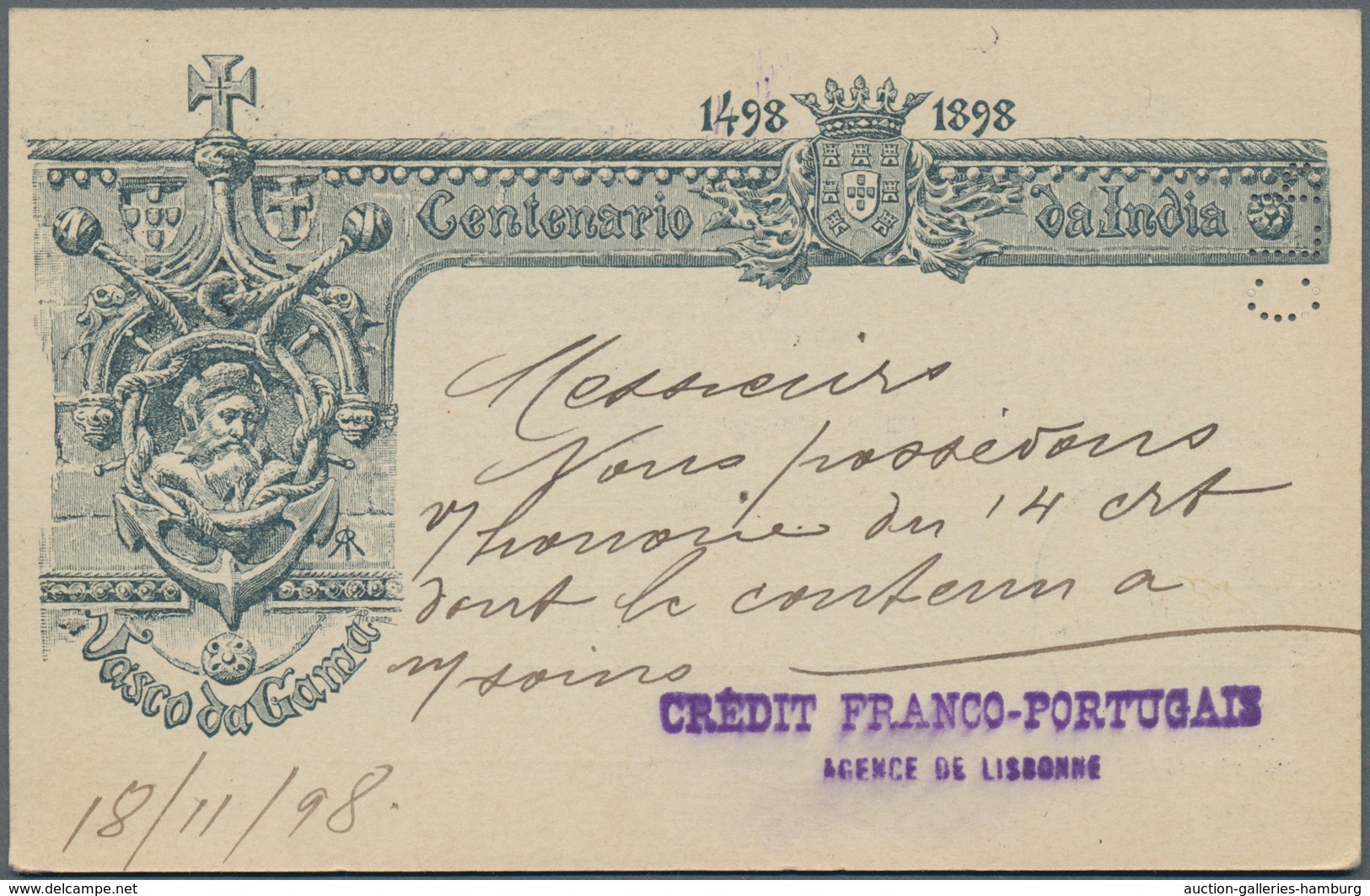 Portugal - Ganzsachen: 1898, 20 R Violet "Vasco Da Gama" Postal Stationery Card With Perfin "C F P" - Ganzsachen