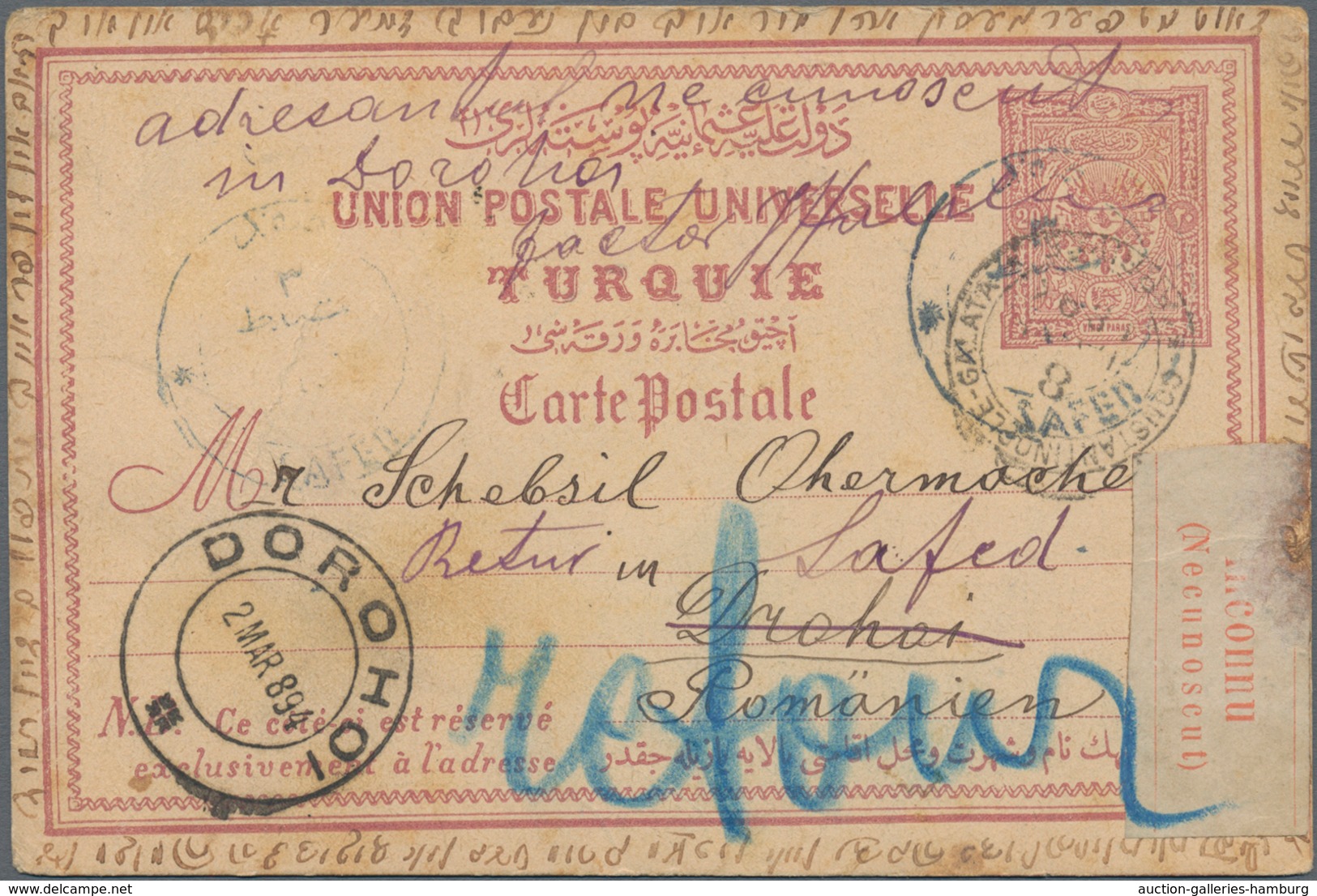Rumänien - Stempel: 1894, Turkey 20 Para Postal Stationery Card Tied By Blue "SAFED" Cds., To "DOROH - Marcofilia