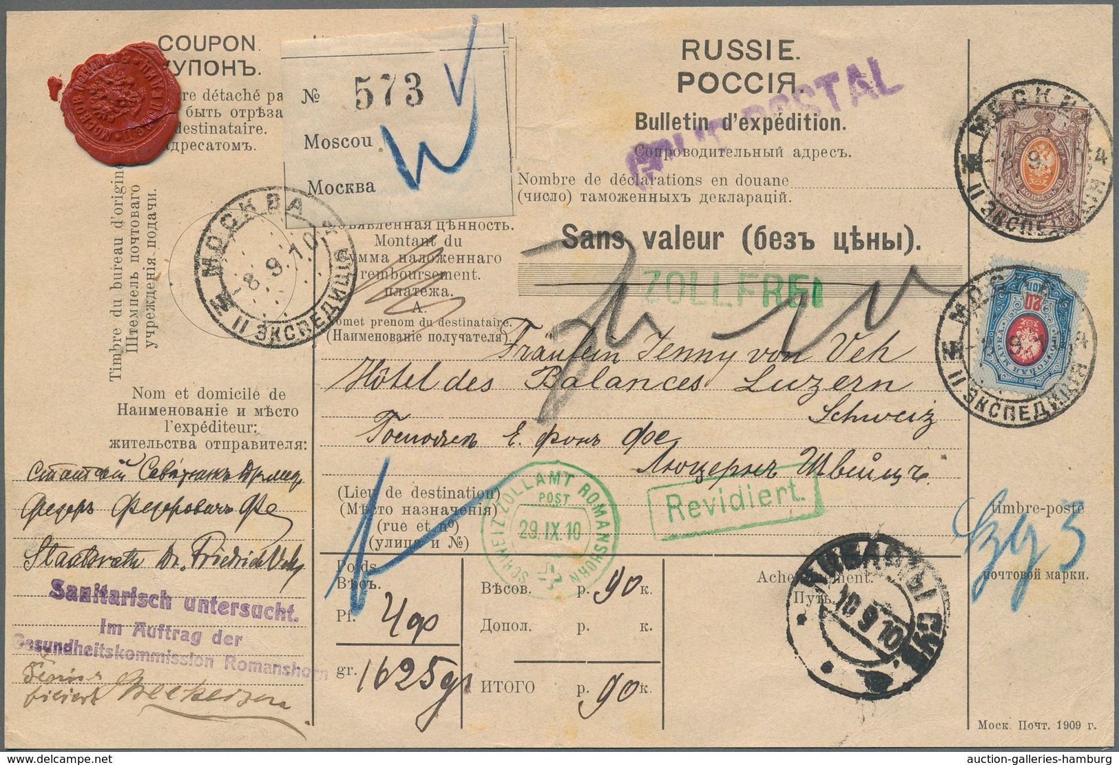 Russland: 1910 Accompanying Card For A Parcel From Moscow Via Kibarty, Eydtkuhnen And Romanshorn To - Briefe U. Dokumente