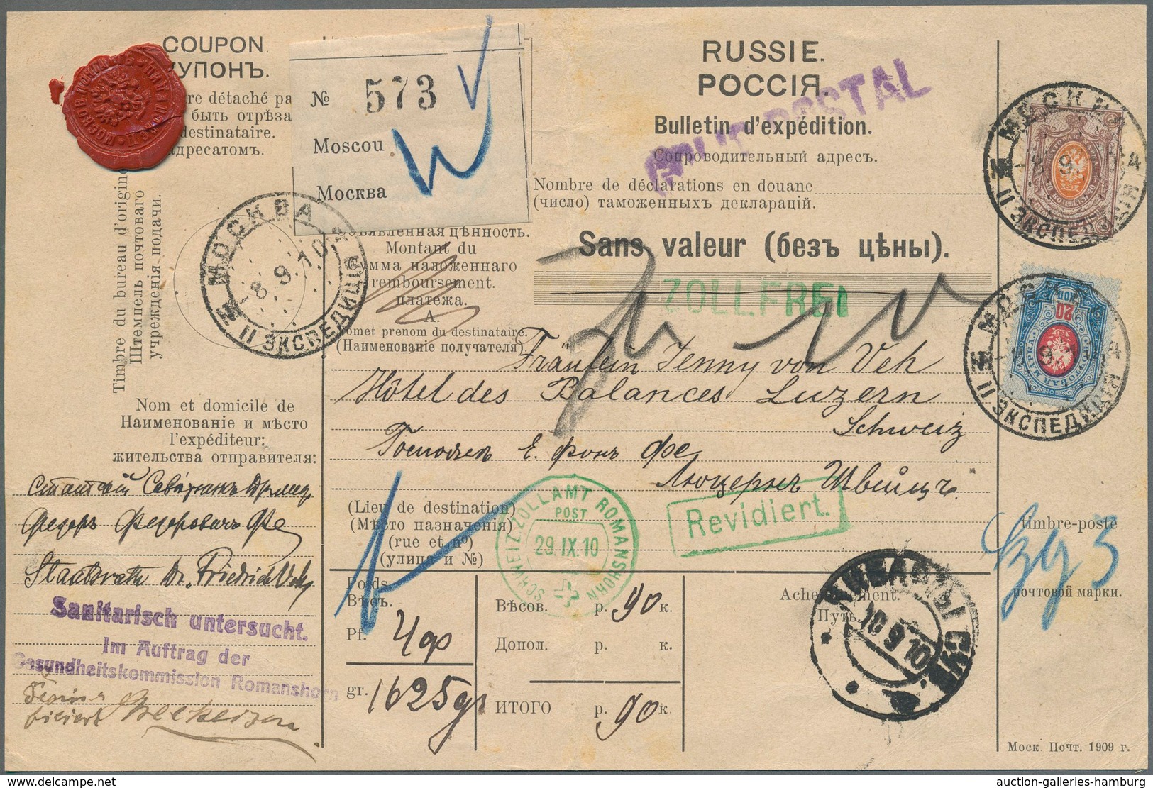 Russland: 1910 Accompanying Card For A Parcel From Moscow Via Kibarty, Eydtkuhnen And Romanshorn To - Lettres & Documents