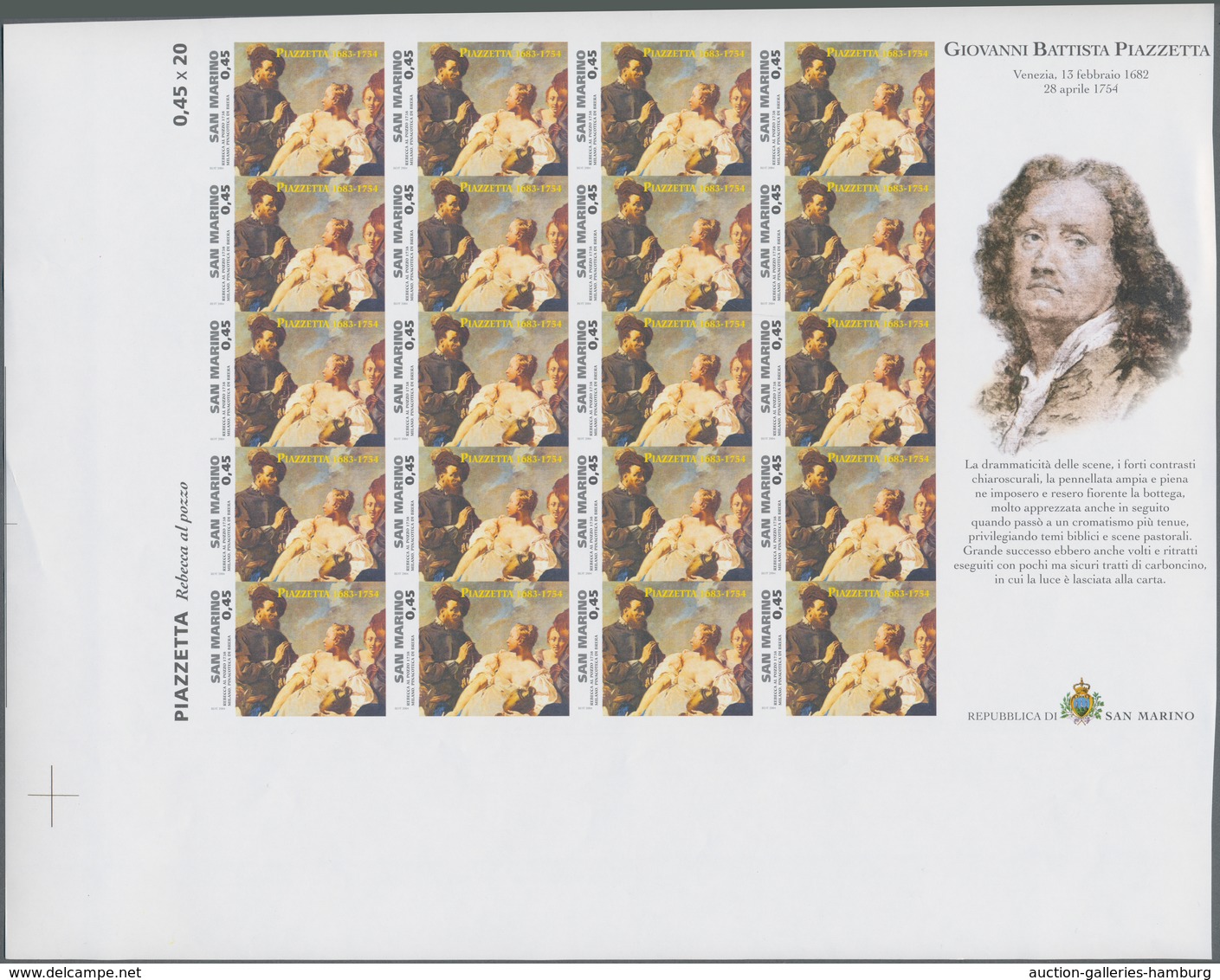 San Marino: 2004, Paintings, 0.45€ "Giovanni Battista", IMPERFORATE Proof Sheet Of 20 Stamps With Or - Ungebraucht