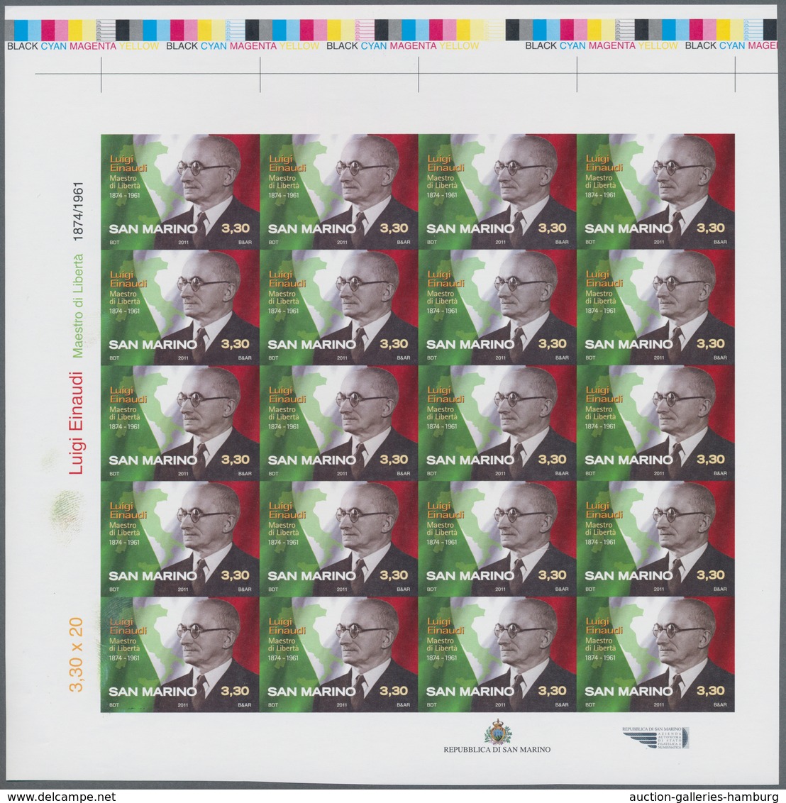 San Marino: 2011, 3.30€ "Luigi Einaudi", IMPERFORATE Proof Sheet Of 20 Stamps With Traffic Lights, M - Nuevos
