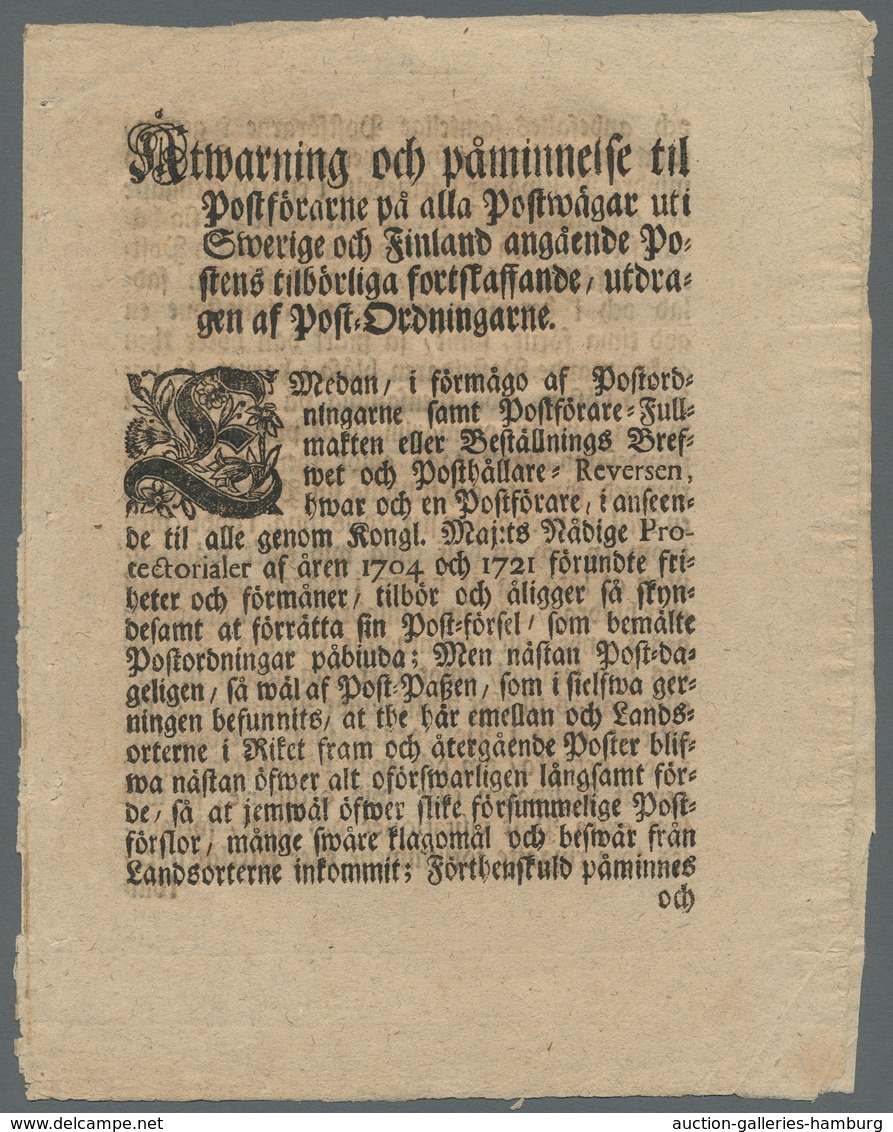 Schweden - Vorphilatelie: 1745-1754, Two Postal Regulations, Two-paged And Four-paged, One Regarding - ... - 1855 Préphilatélie