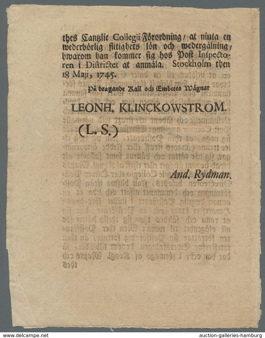 Schweden - Vorphilatelie: 1745-1754, Two Postal Regulations, Two-paged And Four-paged, One Regarding - Prefilatelia