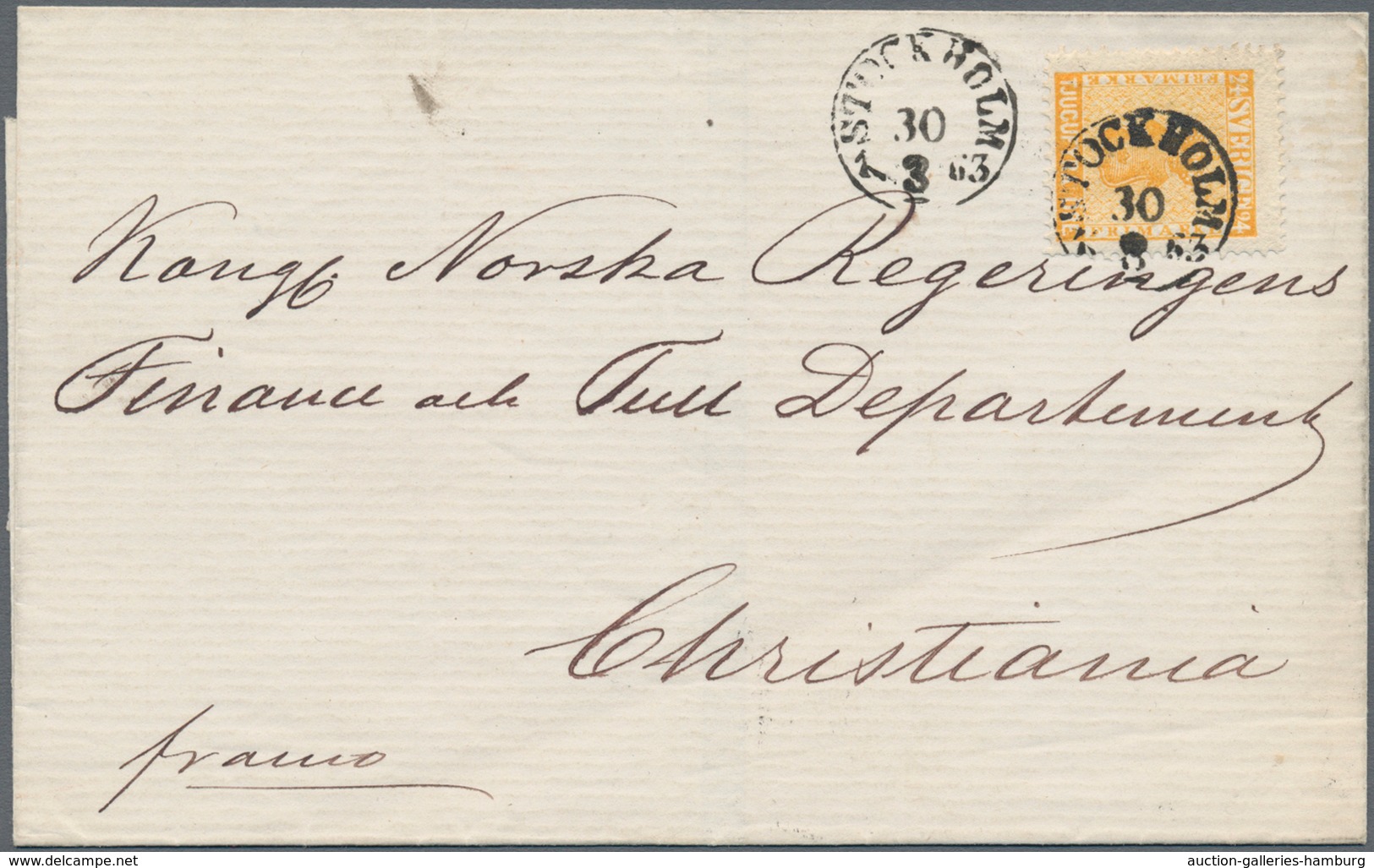 Schweden: 1863, Letter With Attrytive 24 Öre Franking From "STOCKHOLM 30/8 63" To Christiania, Norwa - Sonstige & Ohne Zuordnung