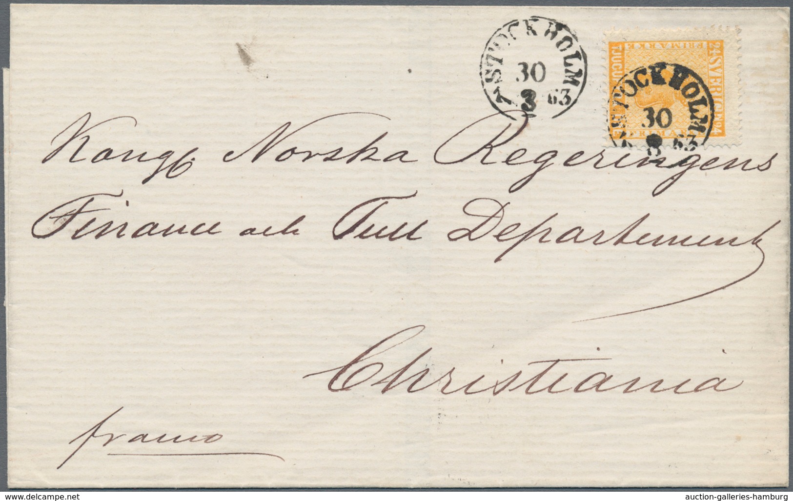 Schweden: 1863, Letter With Attrytive 24 Öre Franking From "STOCKHOLM 30/8 63" To Christiania, Norwa - Andere & Zonder Classificatie