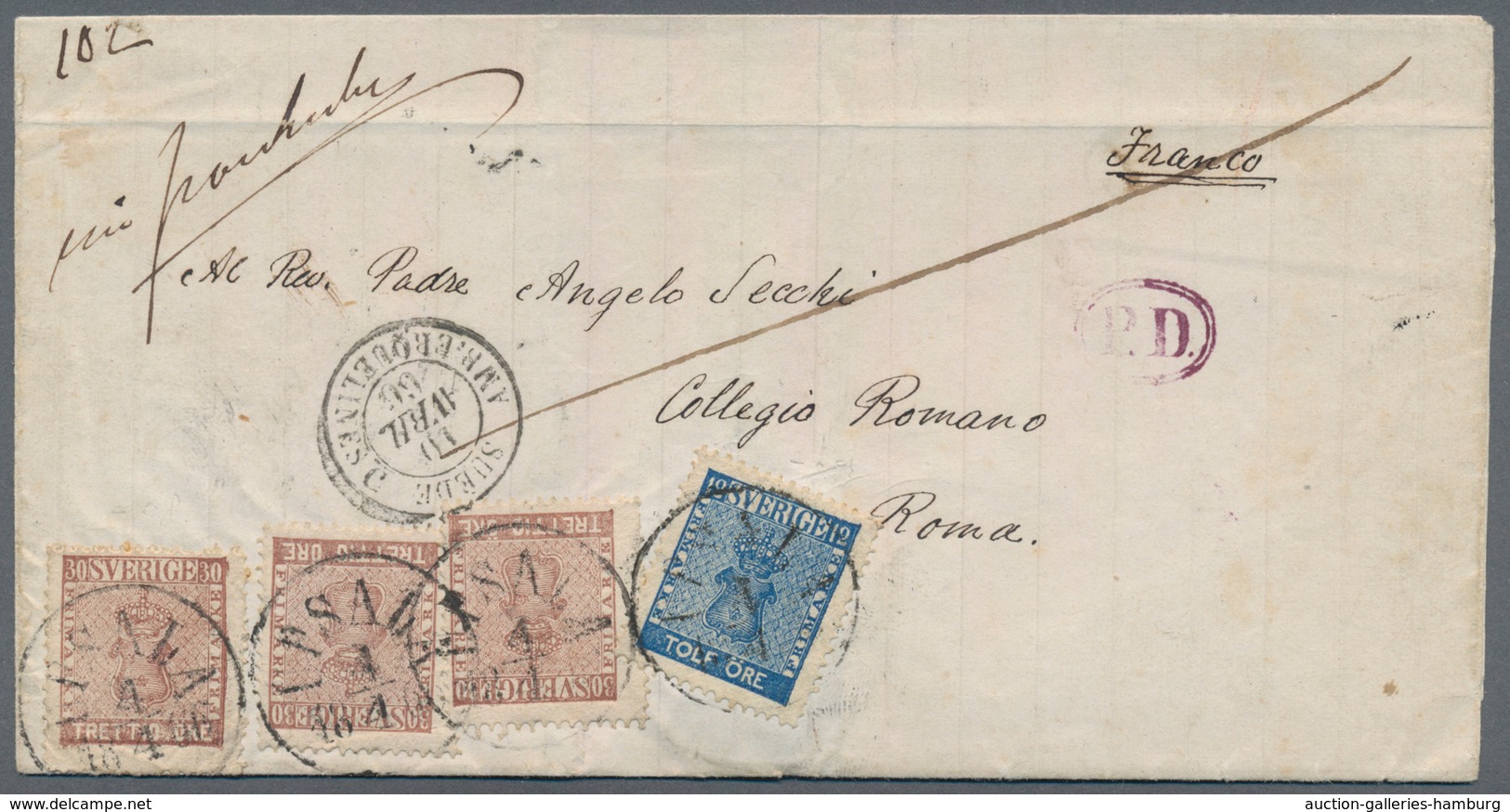 Schweden: 1866, 30 ö Brown, Three Singles And 12 ö Blue, Each Tied By Cds UPSALA 4.4. (1866) On Sing - Other & Unclassified