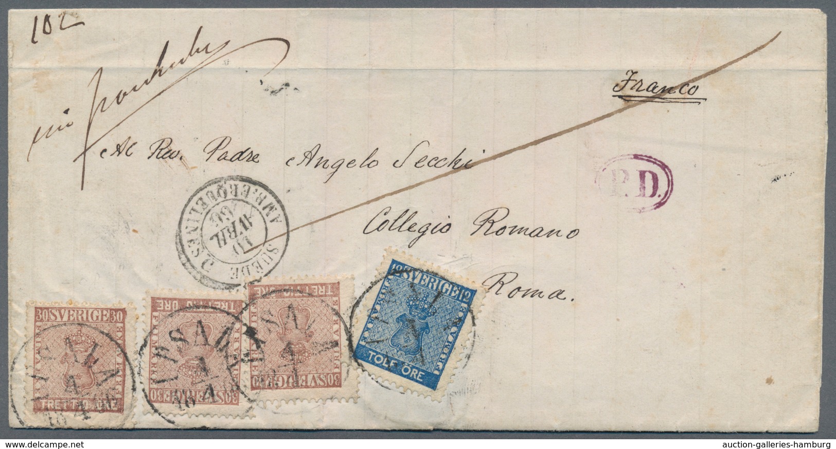 Schweden: 1866, 30 ö Brown, Three Singles And 12 ö Blue, Each Tied By Cds UPSALA 4.4. (1866) On Sing - Autres & Non Classés